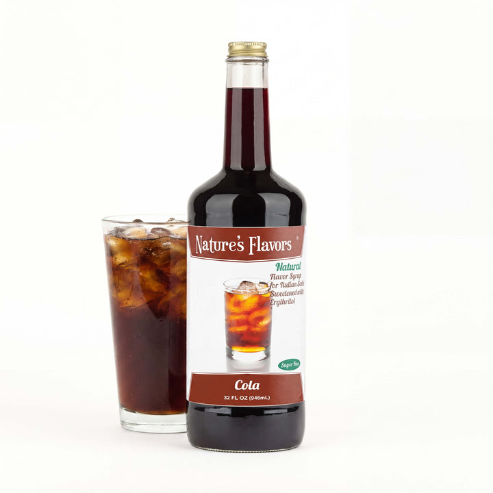 Bottle labeled, "Natural Flavor Syrup for Italian Soda Sweetened with Erythritol" next to a cup of cola. 