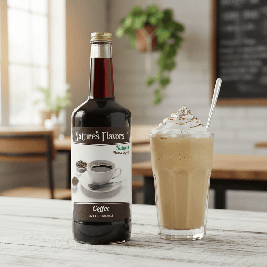 Bottle of Nature's Flavors Coffee syrup next to a glass of iced coffee with whipped cream on a wooden table.