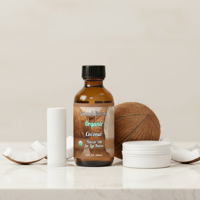 Bottle of Nature's Flavors Organic Coconut flavor oil for lip balm on a neutral background