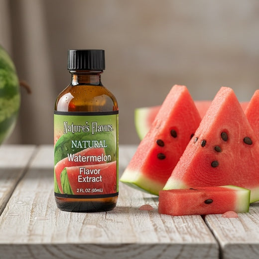 Bottle of Nature's Flavors Natural Watermelon Flavor Extract with watermelon slices on a wooden surface.