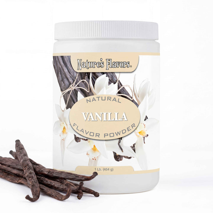 Bottle labeled, "Natural Vanilla Flavor Powder" next to vanilla beans. 