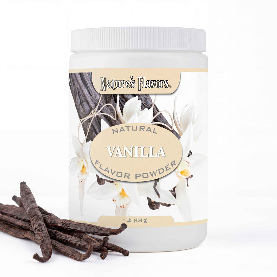Bottle labeled, "Natural Vanilla Flavor Powder" next to vanilla beans. 