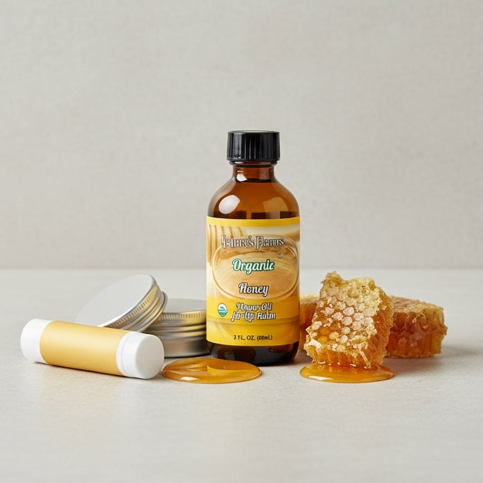 Bottle of organic honey with honeycomb and honey on a light background