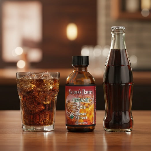 Glass of cola with ice, bottle of Nature's Flavors Organic Cola Flavor Extract, and a bottle of cola on a wooden surface.