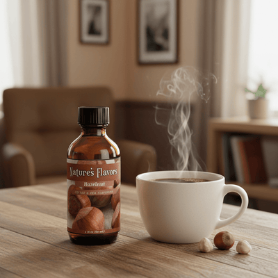 Bottle of Nature's Flavors Hazelnut coffee flavoring on a table with a steaming cup of coffee and hazelnuts.