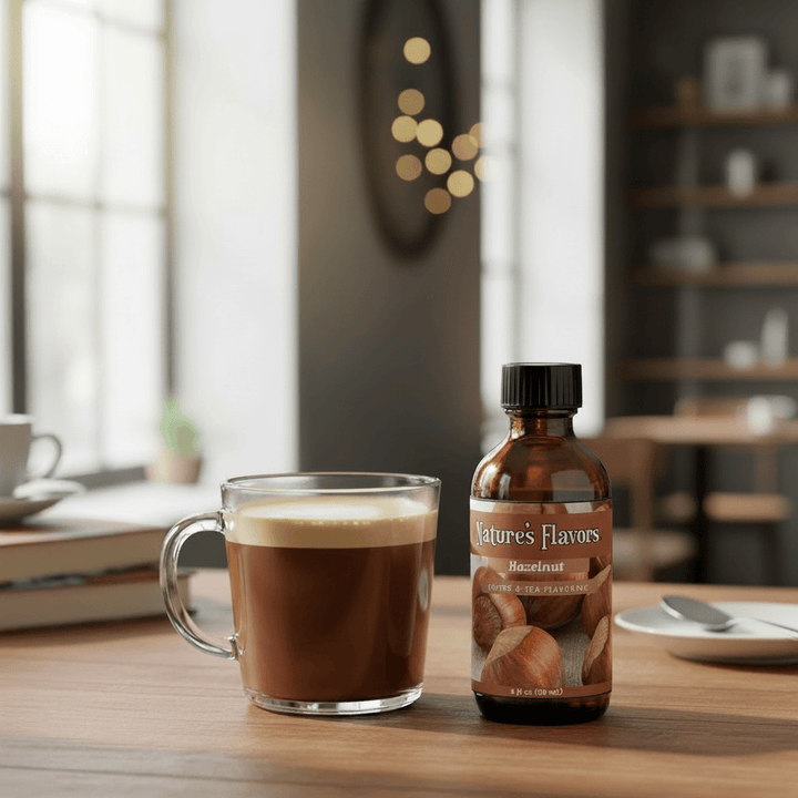 Nature's Flavors Hazelnut coffee bean flavoring and a cup of coffee in a cafe setting