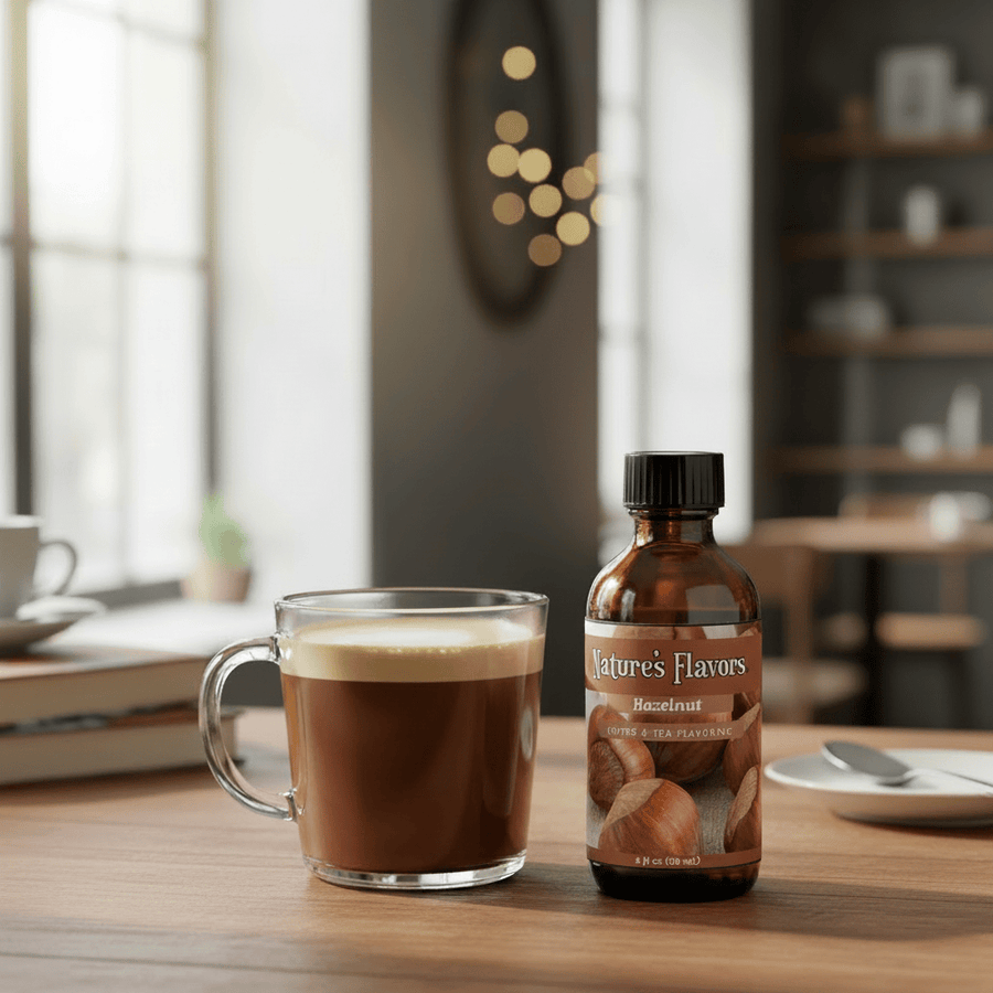 Nature's Flavors Hazelnut coffee bean flavoring and a cup of coffee in a cafe setting