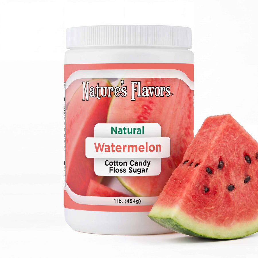 Tub labeled, "Natural Watermelon Cotton Candy Floss Sugar" next to a standing watermelon wedge.