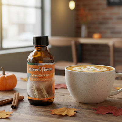 Bottle of Nature's Flavors Pumpkin Spice flavoring next to a cup of coffee on a wooden table with autumn decorations.