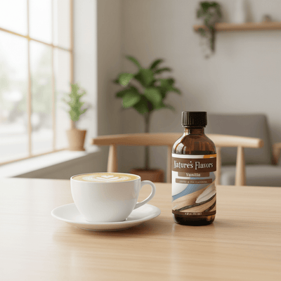 Bottle of 'Nature's Flavors' vanilla coffee bean flavoring next to a cup of coffee on a wooden table.