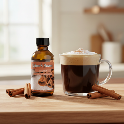 Bottle of Nature's Flavors cinnamon coffee flavoring next to a cup of coffee with whipped cream on a wooden surface.