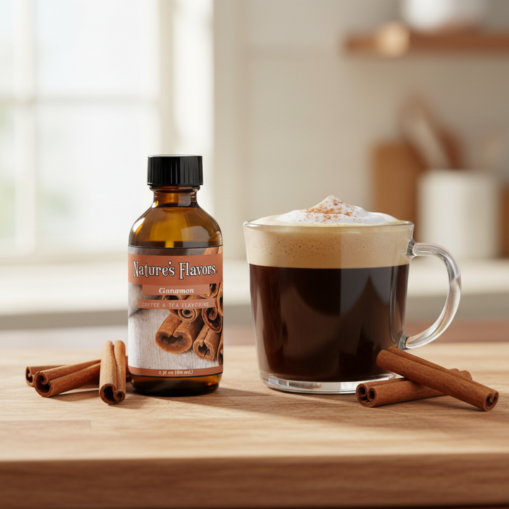 Bottle of Nature's Flavors cinnamon coffee flavoring next to a cup of coffee with whipped cream on a wooden surface.