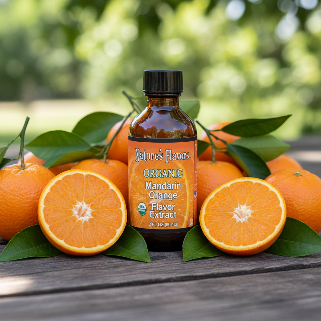 Bottle of Nature's Flavors Organic Mandarin Orange Flavor Extract surrounded by fresh oranges on a wooden surface with greenery in the background.
