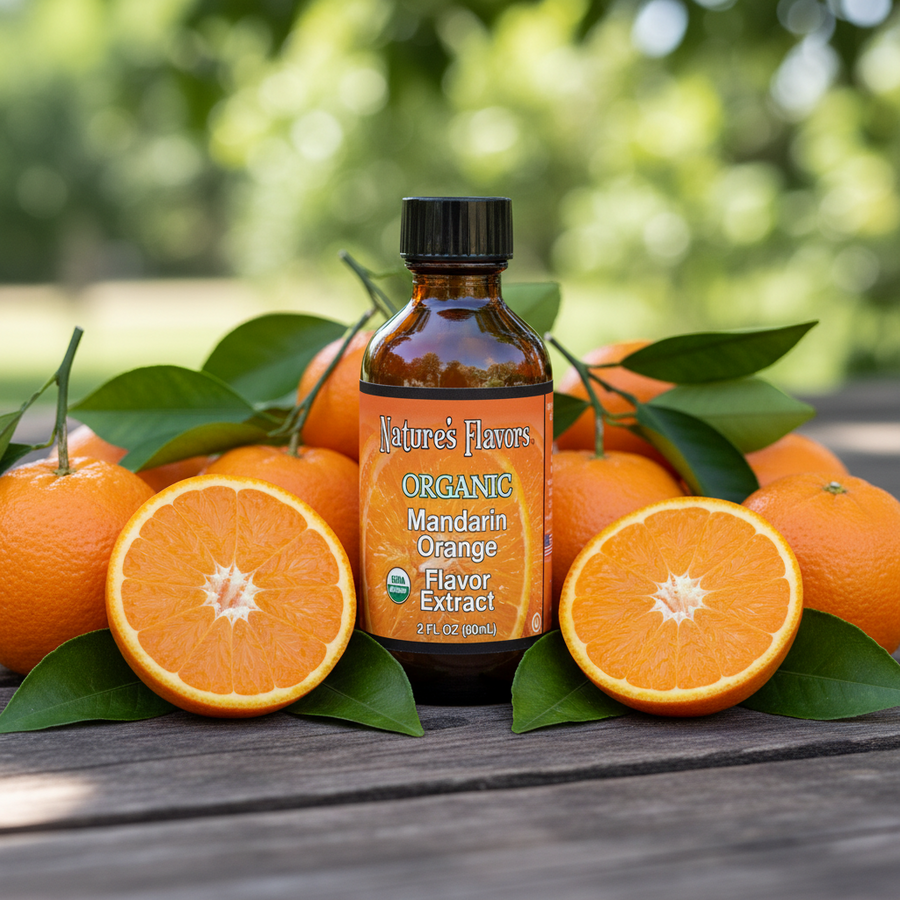 Bottle of Nature's Flavors Organic Mandarin Orange Flavor Extract surrounded by fresh oranges on a wooden surface with greenery in the background.