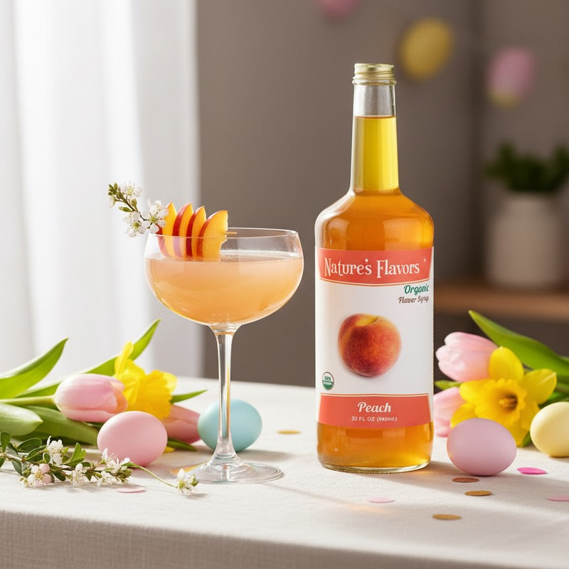 Bottle of Nature's Flavors Peach syrup with a cocktail and Easter eggs on a table.