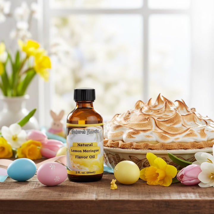 Bottle of Nature's Flavors Lemon Meringue flavor oil with a lemon meringue pie and Easter eggs on a wooden table.