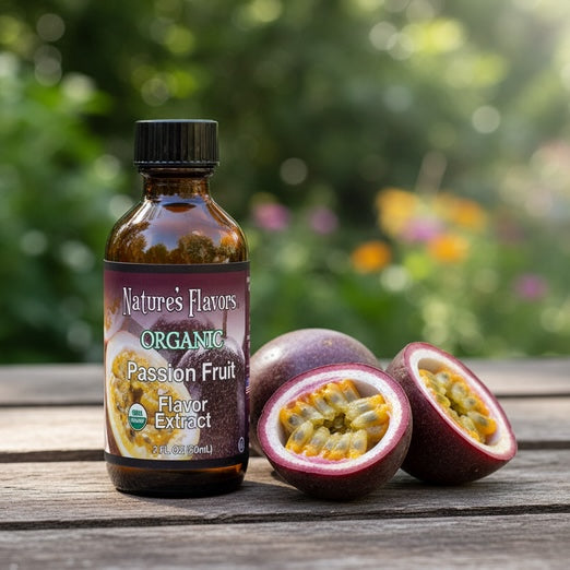 Bottle of Nature's Flavors Organic Passion Fruit Flavor Extract with passion fruit on a wooden surface.