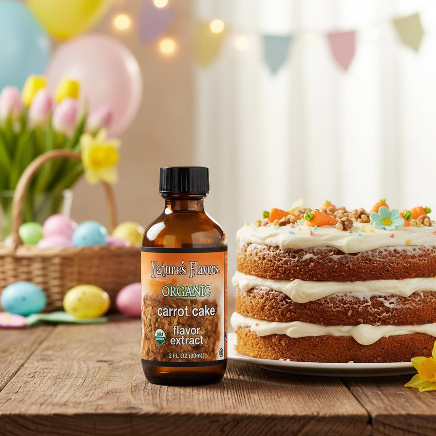Bottle of Nature's Flavors Organic Carrot Cake flavor extract next to a carrot cake on a wooden table with Easter decorations in the background.