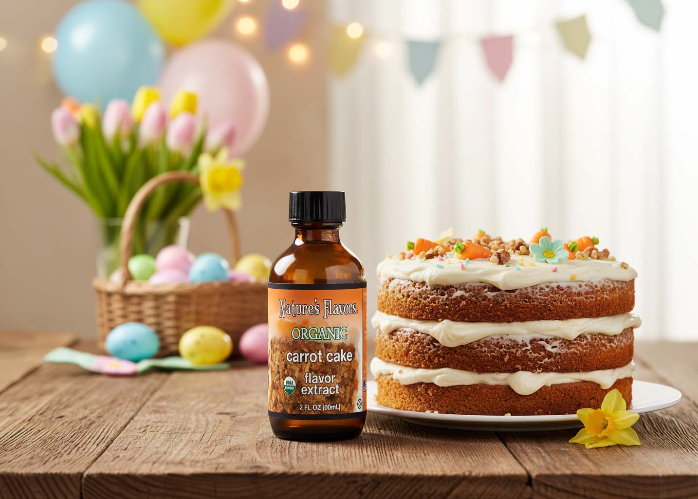Bottle of Nature's Flavors Organic Carrot Cake flavor extract on a table with a carrot cake and Easter decorations.