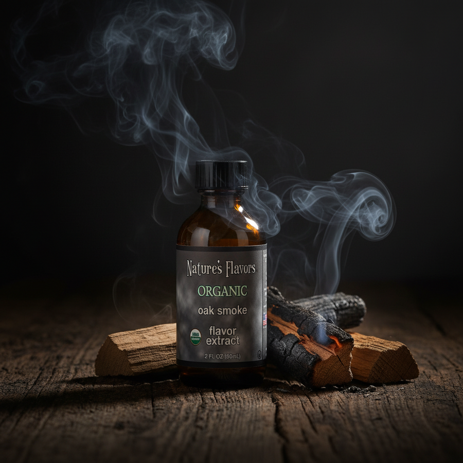 Bottle of Nature's Flavors Organic Oak Smoke flavor extract with smoke and wood on a dark background