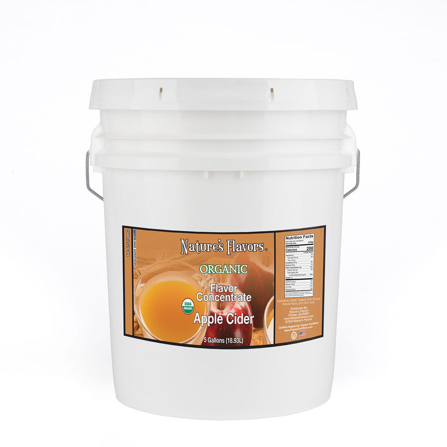 5gal bucket with Organic Flavor Concentrate, Apple Cider label