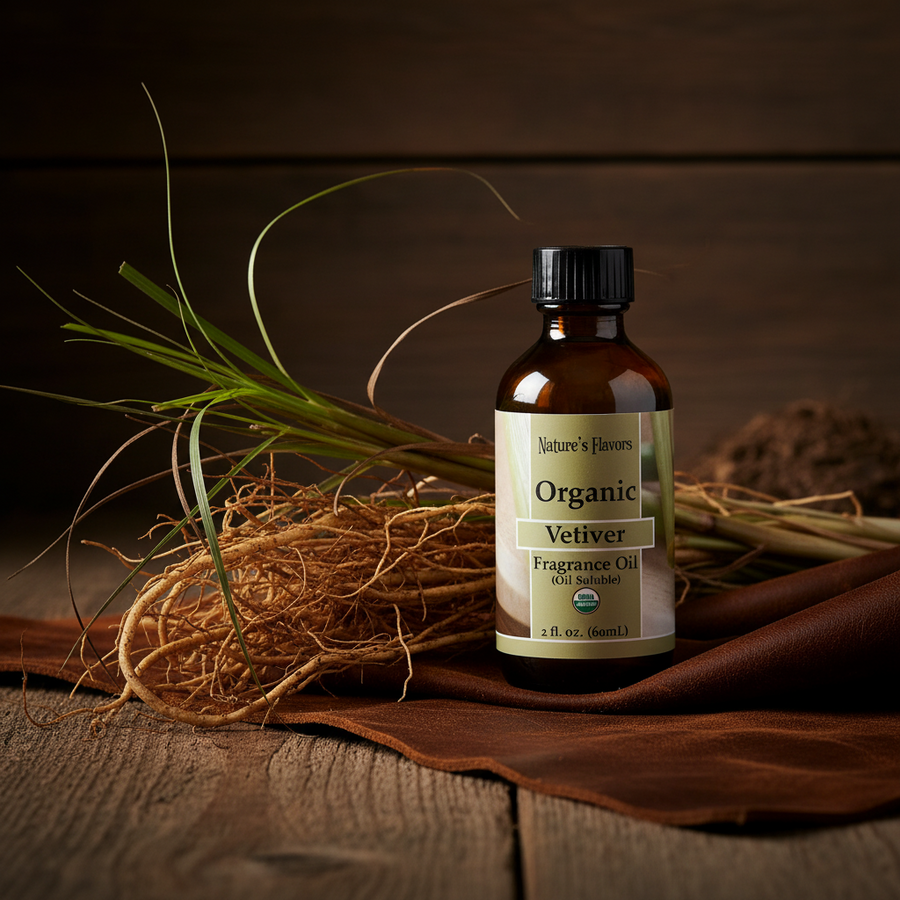 Bottle of Organic Vetiver Fragrance Oil by Nature's Flavors on a wooden surface with vetiver grass.