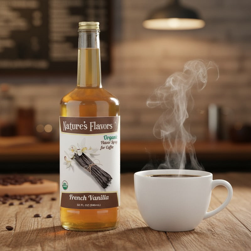 Bottle of Nature's Flavors French Vanilla syrup with a steaming cup of coffee on a wooden surface.