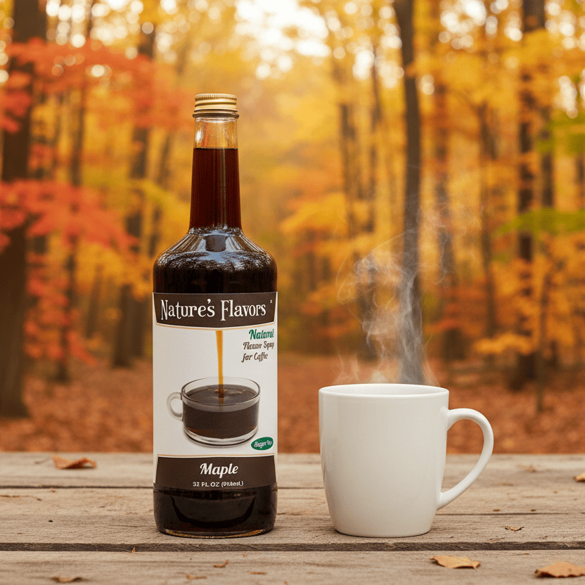 Nature's Flavors maple syrup bottle with a steaming white mug on a wooden surface with a forest background.