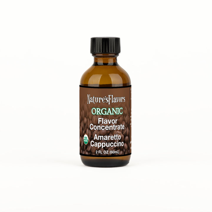 2oz bottle with Organic Flavor Concentrate, Amaretto Cappuccino label