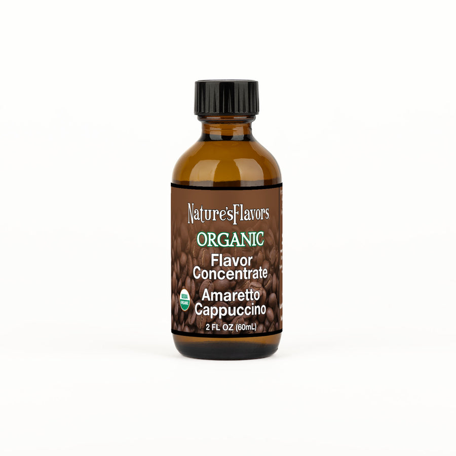 2oz bottle with Organic Flavor Concentrate, Amaretto Cappuccino label