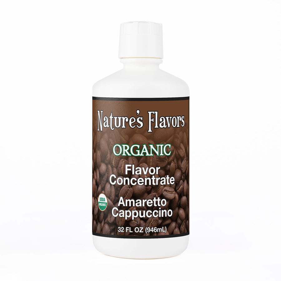 32oz bottle with Organic FlavorConcentrate, Amaretto Cappuccino label