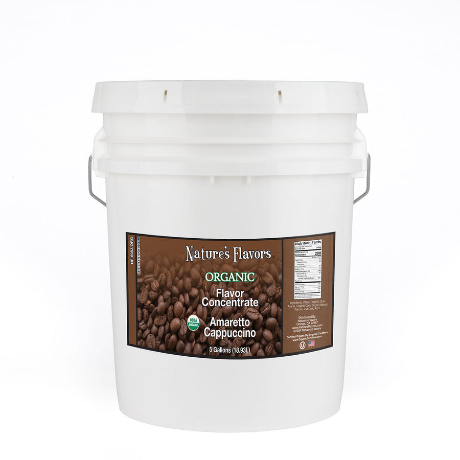 5gal bucket with Organic FlavorConcentrate, Amaretto Cappuccino label