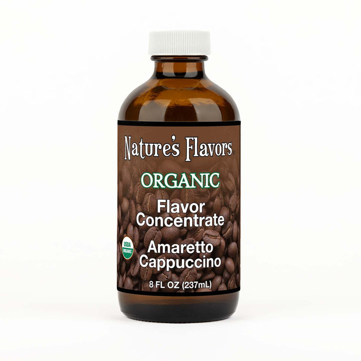 8oz bottle with Organic Flavor Concentrate, Amaretto Cappuccino label