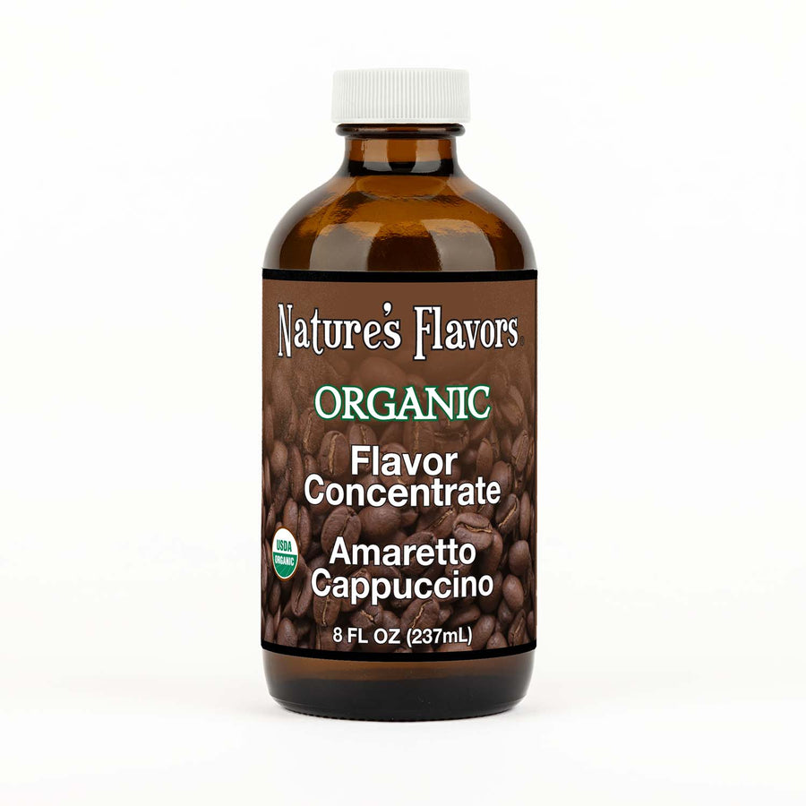 8oz bottle with Organic Flavor Concentrate, Amaretto Cappuccino label