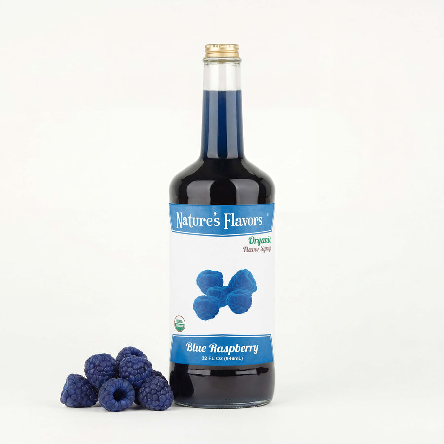 Bottle Labeled, "Organic Flavor Syrup Blue Raspberry"