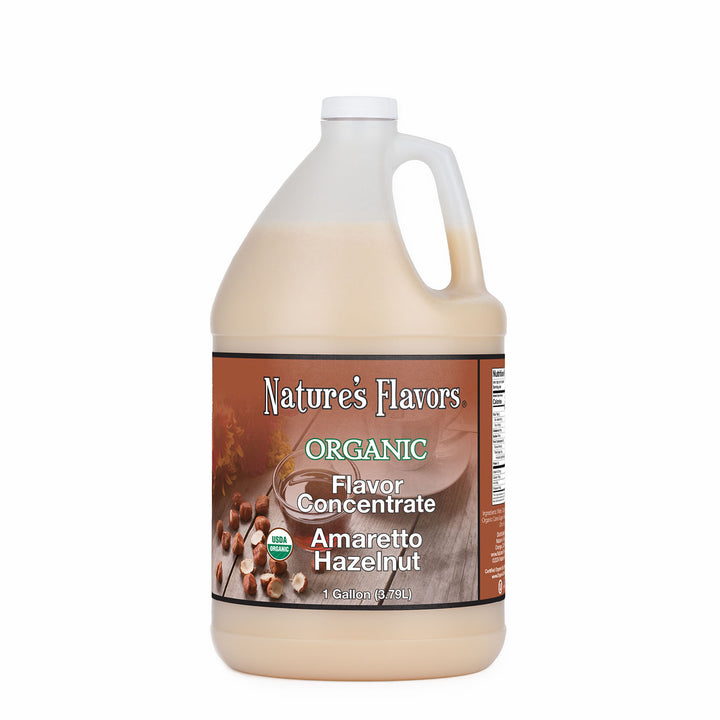 1gal bottle with Organic Flavor Concentrate, Amaretto Hazelnut label
