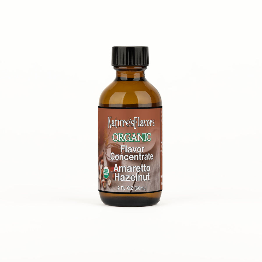 2oz bottle with Organic Flavor Concentrate, Amaretto Hazelnut label