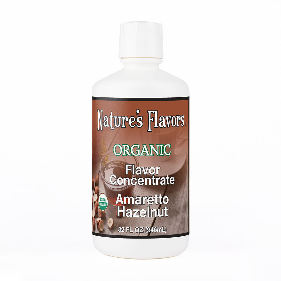 32oz bottle with Organic Flavor Concentrate, Amaretto Hazelnut label
