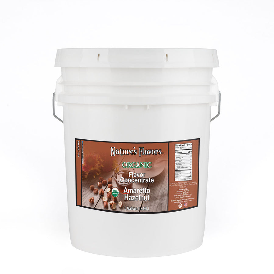 5gal bucket with Organic Flavor Concentrate, Amaretto Hazelnut label