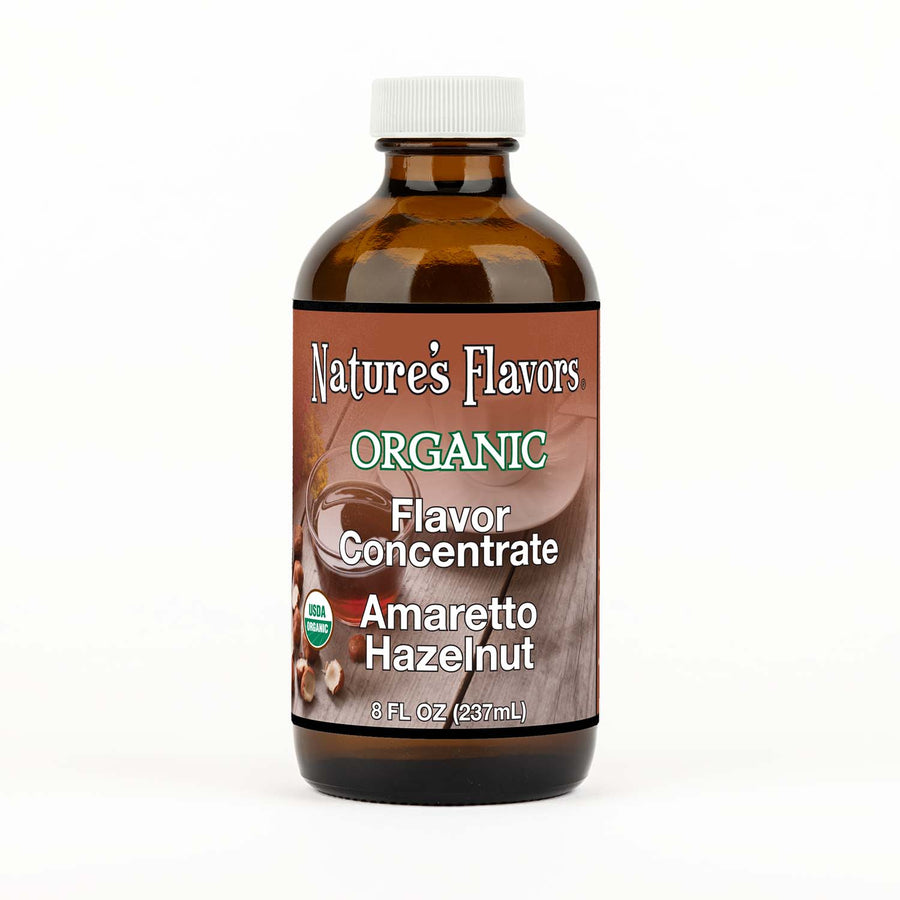 8oz bottle with Organic Flavor Concentrate, Amaretto Hazelnut label