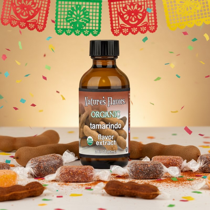 Bottle of Nature's Flavors Organic Tamarindo flavor extract with tamarind candies on a festive background.