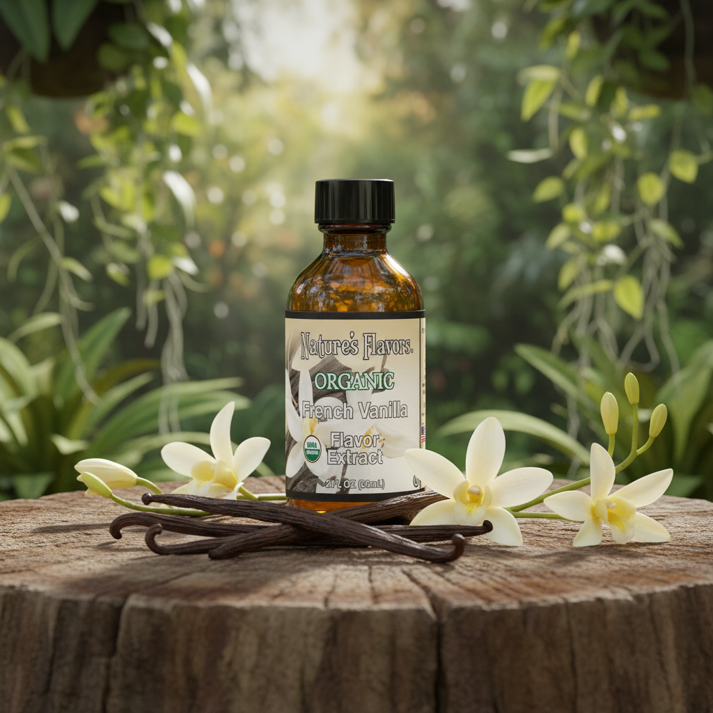 Bottle of Nature's Flavors Organic French Vanilla Flavor Extract on a wooden surface with vanilla beans and flowers.