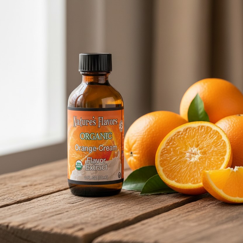 Bottle of Nature's Flavors Organic Orange Cream Flavor Extract with oranges on a wooden surface