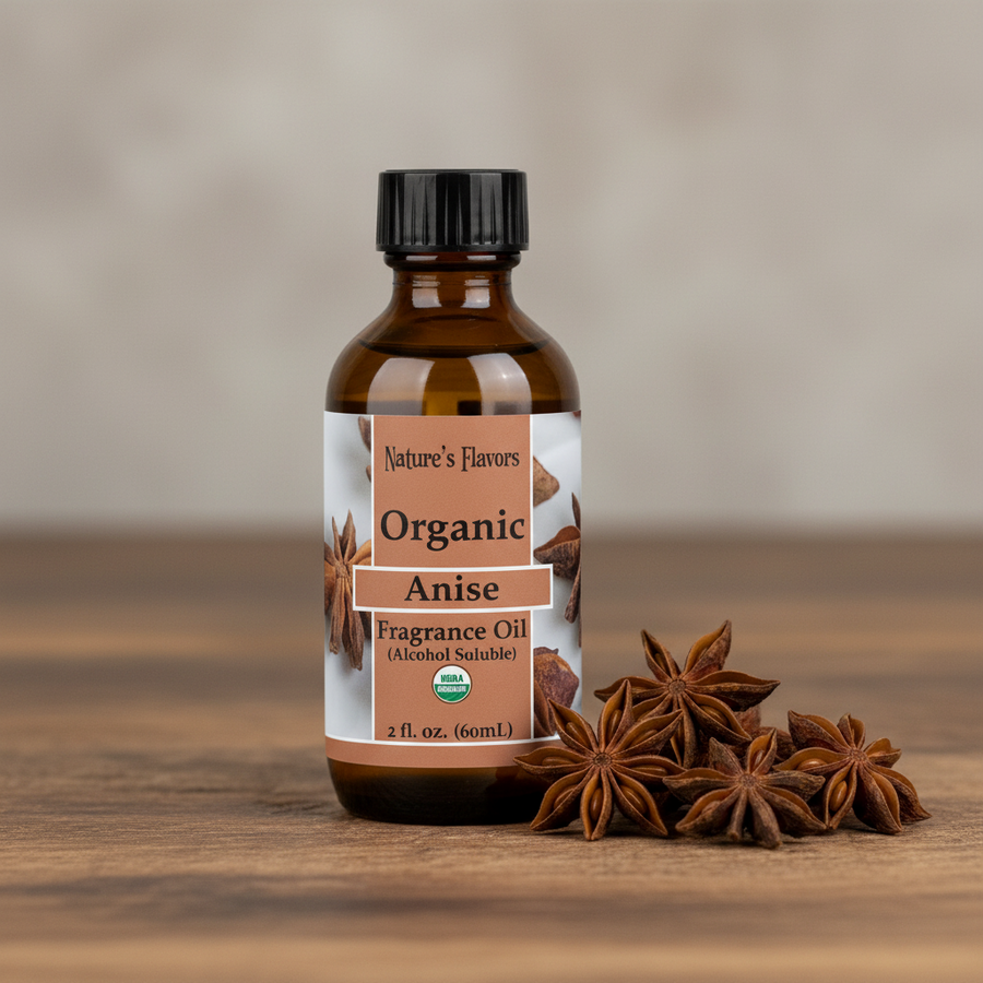 Bottle of Nature's Flavors Organic Anise Fragrance Oil with star anise on a wooden surface