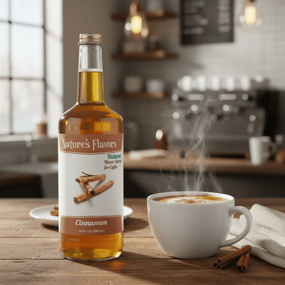 Bottle of Nature's Flavors cinnamon syrup next to a steaming cup of coffee on a wooden table.