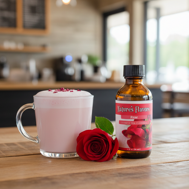 Bottle of Nature's Flavors coffee flavoring next to a rose latte drink with whipped cream on a wooden table.
