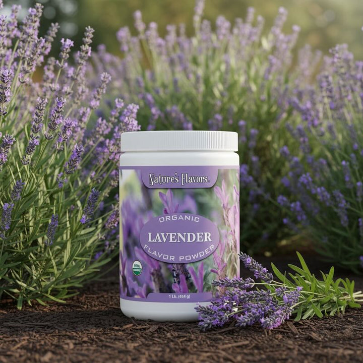 Container of Nature's Flavors Organic Lavender Flavor Powder with lavender flowers in the background