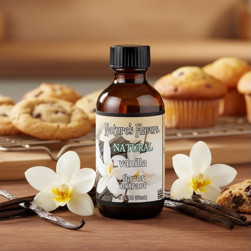 Bottle of Nature's Flavors Vanilla flavor extract with vanilla flowers and vanilla beans on a wooden surface.