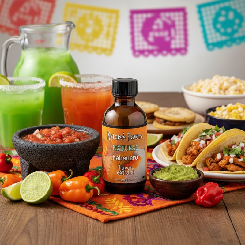 Habanero flavor extract bottle surrounded by Mexican food and drinks on a festive tablecloth.