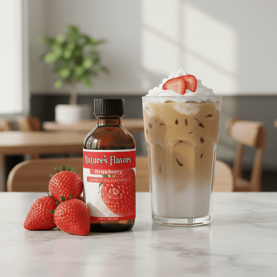 Strawberry coffee bean flavoring next to strawberries and a strawberry iced coffee